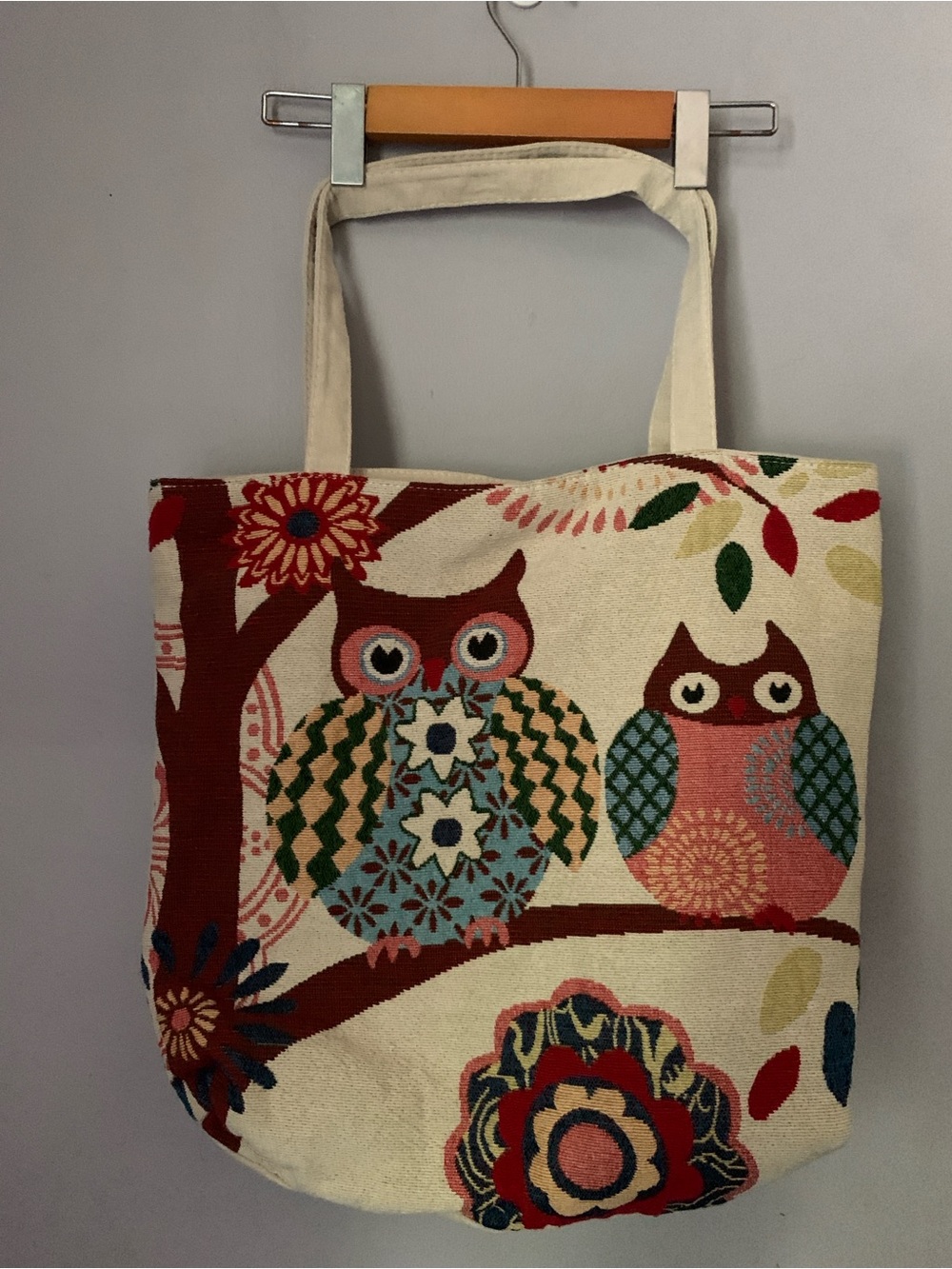 Canvas Owl Tote Bag in Cream with Multicolor Accents